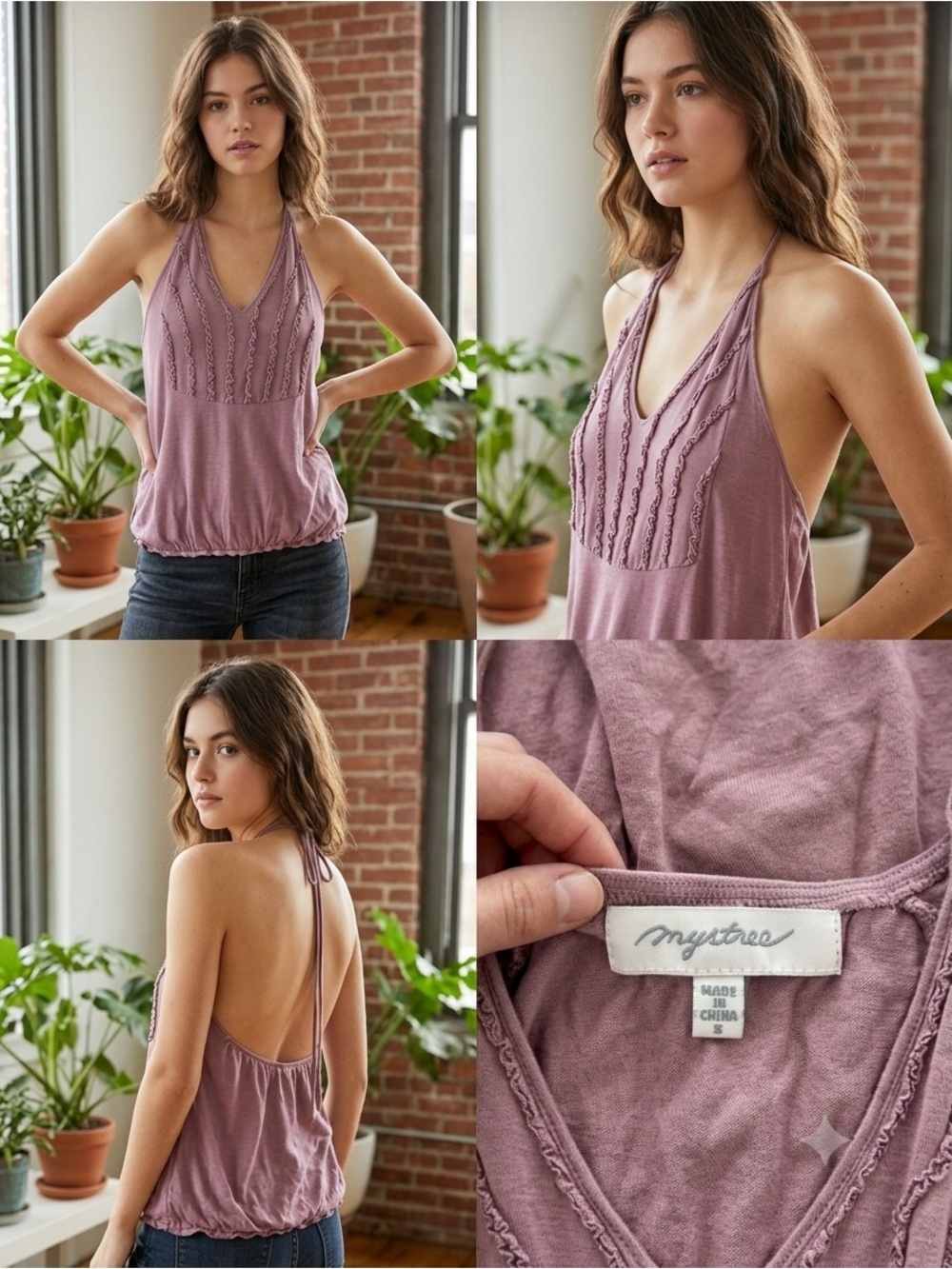 Mystree Mauve Open Back Halter Top Ruffle Detail Bubble Hem Boho Size S